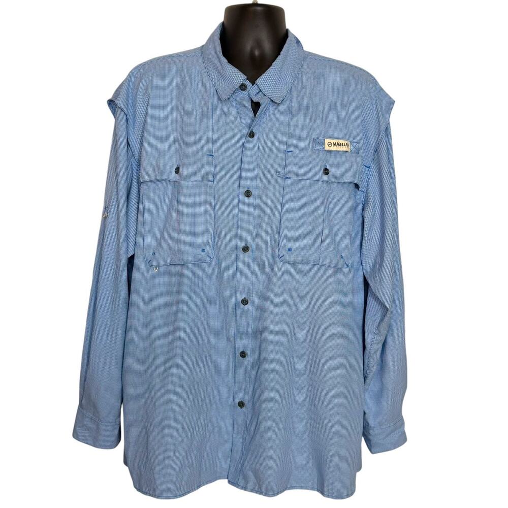 Magellan Outdoors Fish Gear Blue Gingham Fishing Shirt Men XL Relaxed Fit Vent